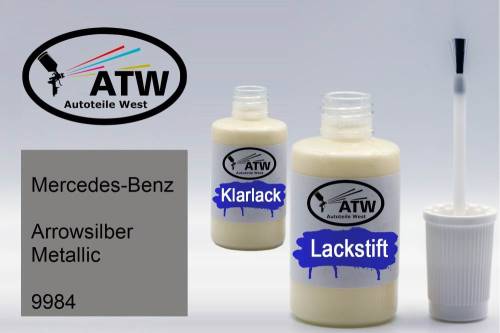 Mercedes-Benz, Arrowsilber Metallic, 9984: 20ml Lackstift + 20ml Klarlack - Set, von ATW Autoteile West.